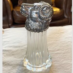 Vintage Silverplated Rams Head Fluted Glass Decanter Dispenser Syrup Cream Sugar